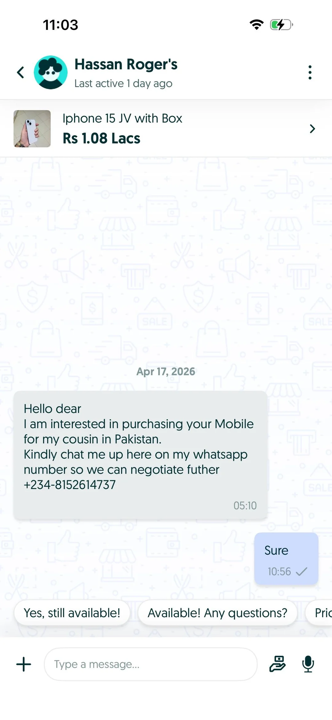 Mobile scam screenshot